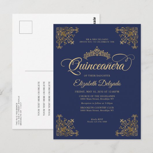  Lijst van de Navy Blue Gold Tiara Quinceanera Briefkaart (Voorkant / Achterkant)