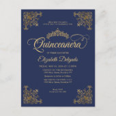  Lijst van de Navy Blue Gold Tiara Quinceanera Briefkaart (Voorkant)