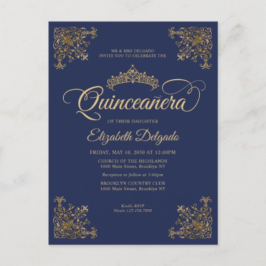  Lijst van de Navy Blue Gold Tiara Quinceanera Briefkaart (Voorkant)