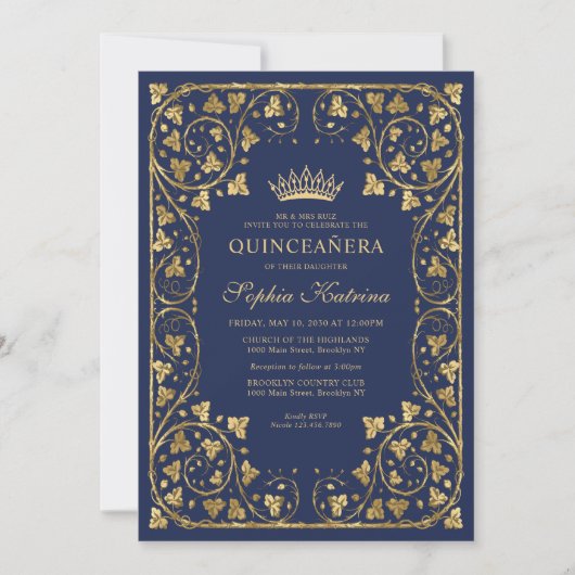  Lijst van de Navy Blue Gold Tiara Quinceanera Kaart (Voorkant)