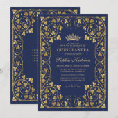  Lijst van de Navy Blue Gold Tiara Quinceanera Kaart (Voorkant / Achterkant)