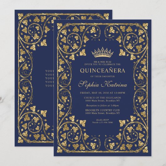  Lijst van de Navy Blue Gold Tiara Quinceanera Kaart (Voorkant / Achterkant)
