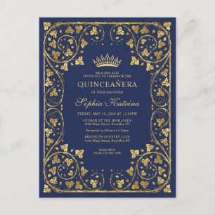  Lijst van de Navy Blue Gold Tiara Quinceanera Uitnodiging Briefkaart