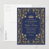  Lijst van de Navy Blue Gold Tiara Quinceanera Uitnodiging Briefkaart (Voorkant / Achterkant)