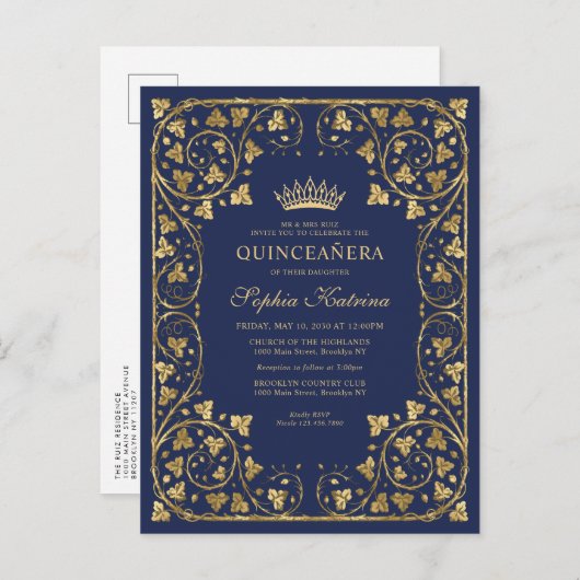 Lijst van de Navy Blue Gold Tiara Quinceanera Uitnodiging Briefkaart (Voorkant / Achterkant)