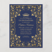  Lijst van de Navy Blue Gold Tiara Quinceanera Uitnodiging Briefkaart (Voorkant)
