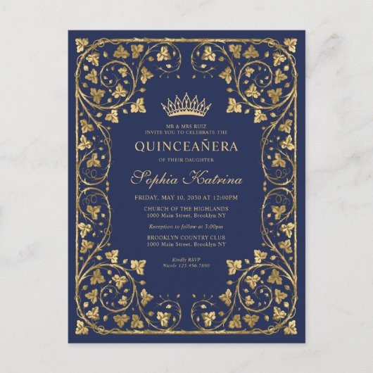  Lijst van de Navy Blue Gold Tiara Quinceanera Uitnodiging Briefkaart (Voorkant)