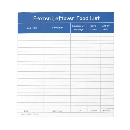 Lijst van diepgevroren levensmiddelen notitieblok (Voorkant)