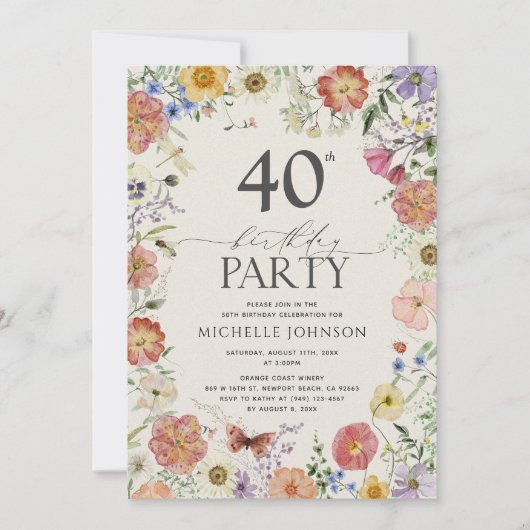 Lijst van geperste wilde bloemen 40e verjaardag kaart (Voorkant)