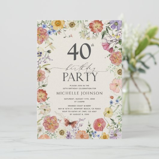 Lijst van geperste wilde bloemen 40e verjaardag kaart (Staand voorkant)