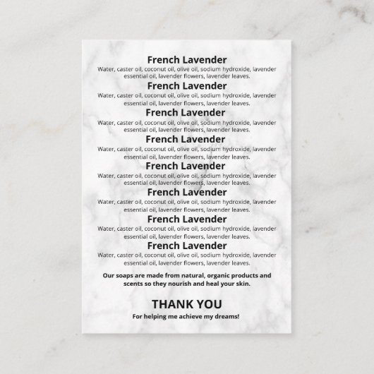 Lijst van ingrediënten marmer en roze Glitter Soap Visitekaartje (Achterkant)