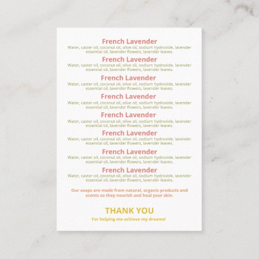 Lijst van ingrediënten van Floral Spring Soap Scen Visitekaartje (Achterkant)
