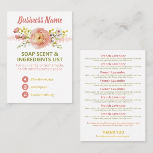 Lijst van ingrediënten van Floral Spring Soap Scen Visitekaartje (Voorkant / Achterkant)
