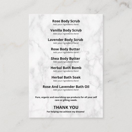 Lijst van ingrediënten van het snijvlak en van het visitekaartje (Achterkant)