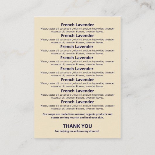 Lijst van ingrediënten van Navy Blue en Beige Soap Visitekaartje (Achterkant)