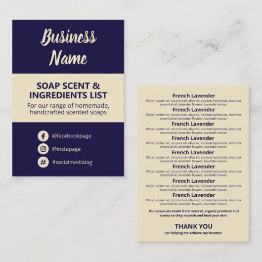 Lijst van ingrediënten van Navy Blue en Beige Soap Visitekaartje (Voorkant / Achterkant)