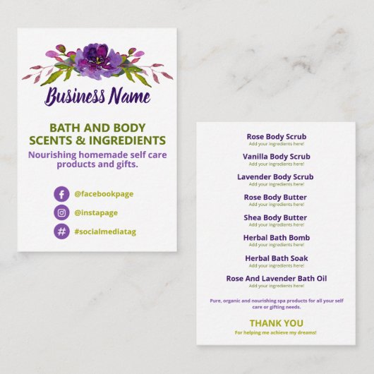 Lijst van ingrediënten van Paarse en groene flora Visitekaartje (Voorkant / Achterkant)