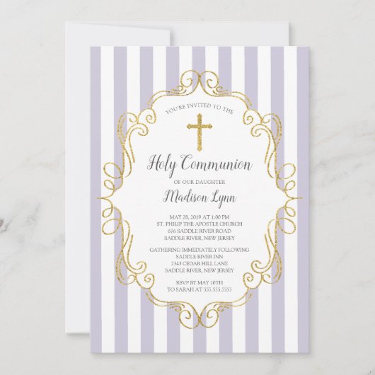 Lijst van lavendel en goud Eerste Heilige Communie Kaart (Voorkant)