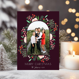 Lijst van moderne Arch Floral Merry-kerstfoto Feestdagenkaart