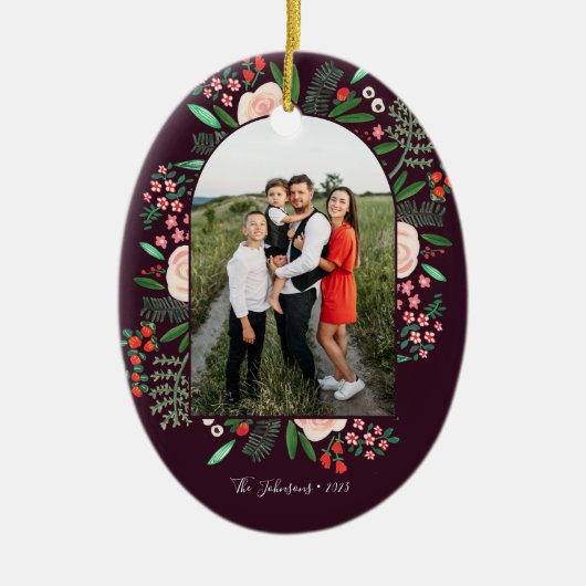 Lijst van moderne Arch Floral Merry-kerstfoto Keramisch Ornament (Voorkant)