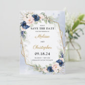 Lijst van Navy en Blush Floral Greenergy en Gold Save The Date (Staand voorkant)