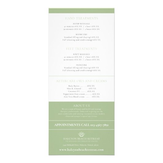 Lijst van prijzen schoonheidsbehandelingen - lotus reclamekaart (Achterkant)