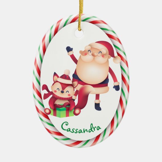 Lijst van Santa- en Fox Candy Cane Keramisch Ornament (Voorkant)