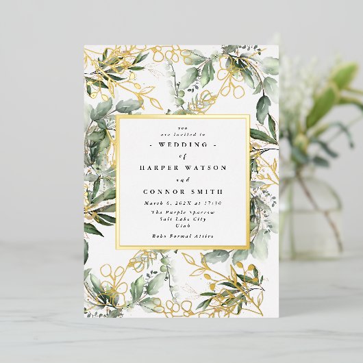 Lijst van witte goudolie Botanisch | Boho Eucalypt Folie Uitnodiging (Staand Voorkant)