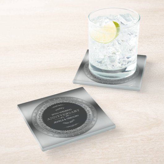 Lijst voor 25e bruiloft, zwart en zilver glazen onderzetter (Schuin)