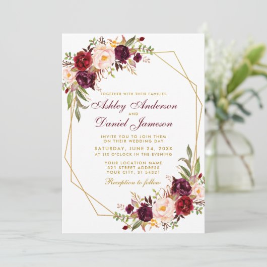 Lijst voor het huwelijk van Floral Burgundy Geomet Kaart (Staand voorkant)