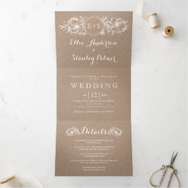  lijst wit bloemenbruiloft, initialen kraftbruilof drieluik uitnodiging