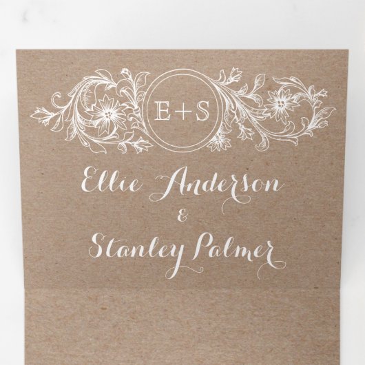 lijst wit bloemenbruiloft, initialen kraftbruilof drieluik uitnodiging (Binnenzijde eerst)