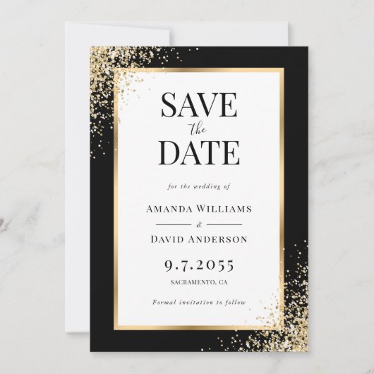 Lijst Zwart Goud Confetti Elegant Huwelijk Save The Date (Voorkant)