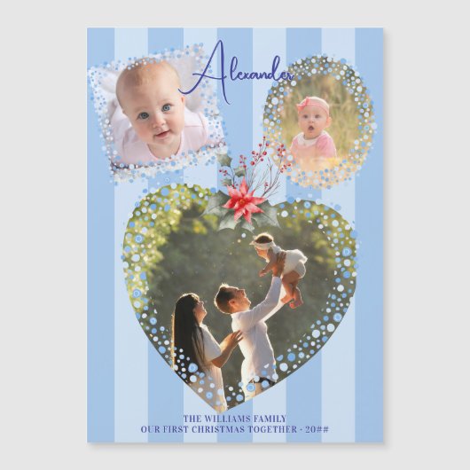 Lijsten 3 Foto 1st Christmas Blue Milestone Magnetische Uitnodiging (Voorkant)