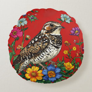 Lijster Vogel Wilde Bloemen op Rode Achtergrond Rond Kussen