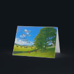 Like heeft haar, Pastoral landscape Birthday card. Kaart<br><div class="desc">Een kalm schilderij met boerderijen velden op het platteland. Paarden en schapen grazen vreedzaam onder een boom. De zon zingt uit een blauwe hemel met fluffy witte wolken. Het afbeelding is van het Lake District in het Verenigd Koninkrijk. Copyright Norma Cornes</div>