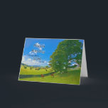 Like heeft haar, Pastoral landscape Birthday card. Kaart<br><div class="desc">Een kalm schilderij met boerderijen velden op het platteland. Paarden en schapen grazen vreedzaam onder een boom. De zon zingt uit een blauwe hemel met fluffy witte wolken. Het afbeelding is van het Lake District in het Verenigd Koninkrijk. Copyright Norma Cornes</div>