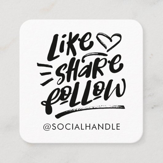 Like Share Volg Brush Script White Social Media Vierkante Visitekaartje (Voorkant)