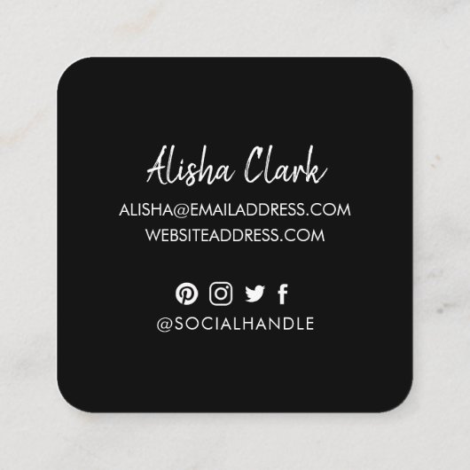 Like Share Volg Brush Script White Social Media Vierkante Visitekaartje (Achterkant)