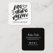Like Share Volg Brush Script White Social Media Vierkante Visitekaartje (Voorkant / Achterkant)