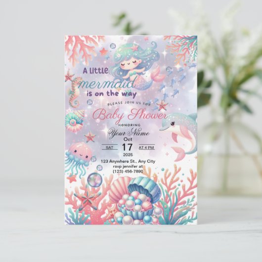 LIkleine zeemeermin baby shower uitnodiging (Staand voorkant)