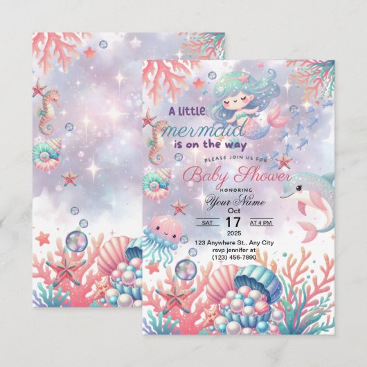 LIkleine zeemeermin baby shower uitnodiging (Voorkant / Achterkant)