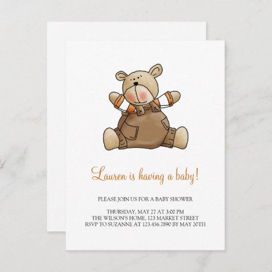 Lil' Beren · Baby Boy Brown Romper Uitnodiging Briefkaart (Voorkant / Achterkant)