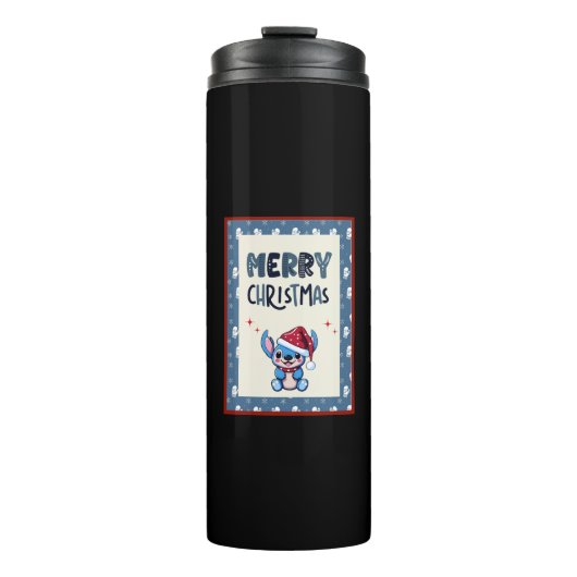 Lil Blue Cutie zegt "Vrolijk Kerstfeest" Thermosbeker (Voorkant)