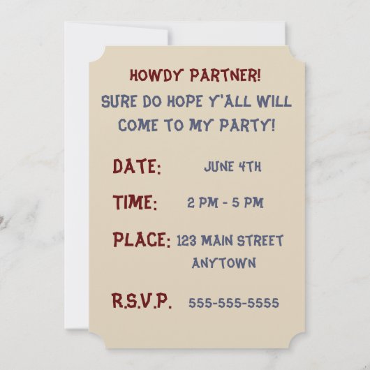 Lil' Buckaroo (bruin haar) Birthday Party Invite Kaart (Achterkant)