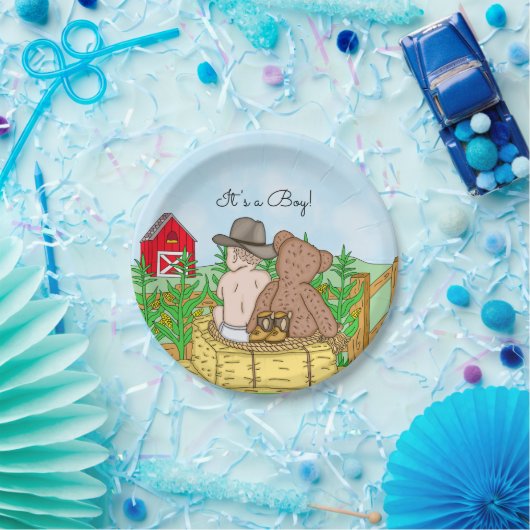 Lil' Cowboy and Teddy Bear Baby shower Papieren Bordje (Feest)