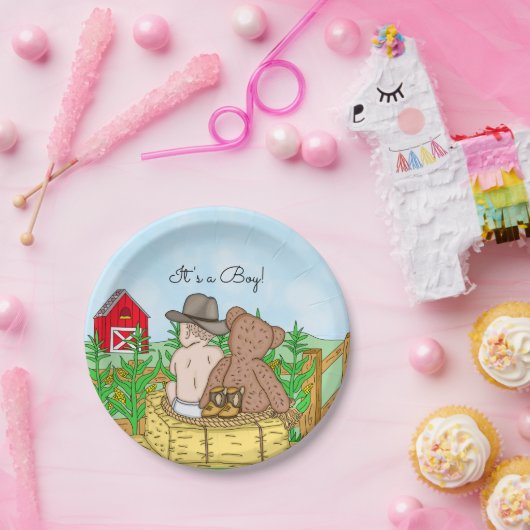 Lil' Cowboy and Teddy Bear Baby shower Papieren Bordje (Feest)
