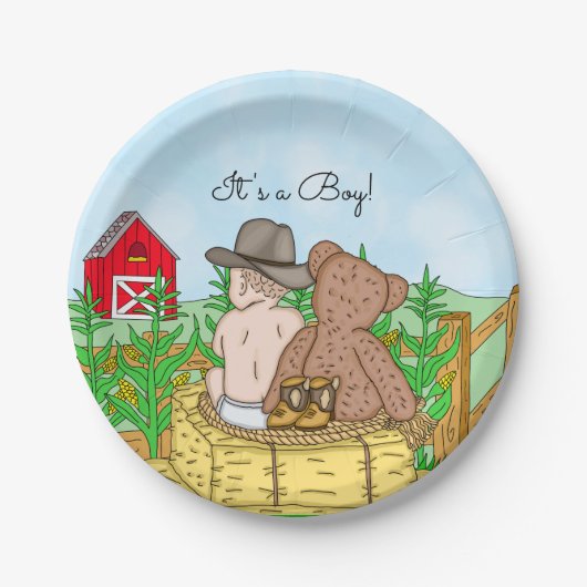 Lil' Cowboy and Teddy Bear Baby shower Papieren Bordje (Voorkant)