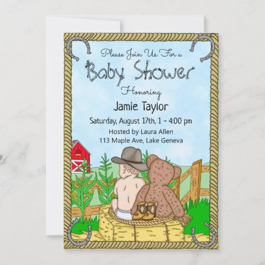 Lil' Cowboy and Teddy Bear Boy's Baby shower Kaart (Voorkant)