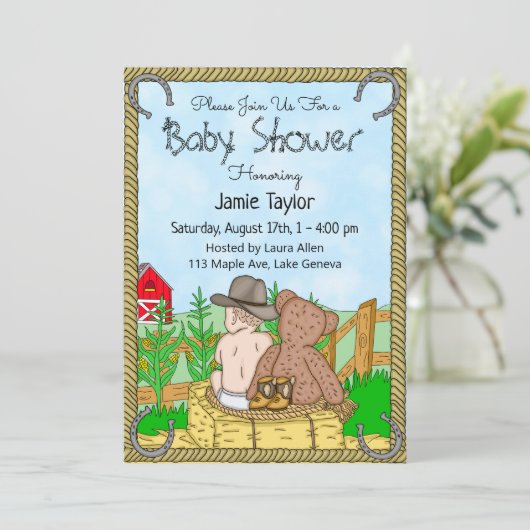 Lil' Cowboy and Teddy Bear Boy's Baby shower Kaart (Staand voorkant)